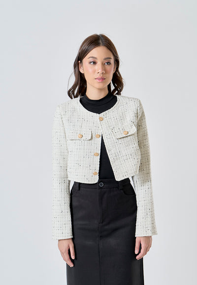 Nevada White Tweed Round Neck Single Breasted Gold Button Long Sleeves Cropped Blazer