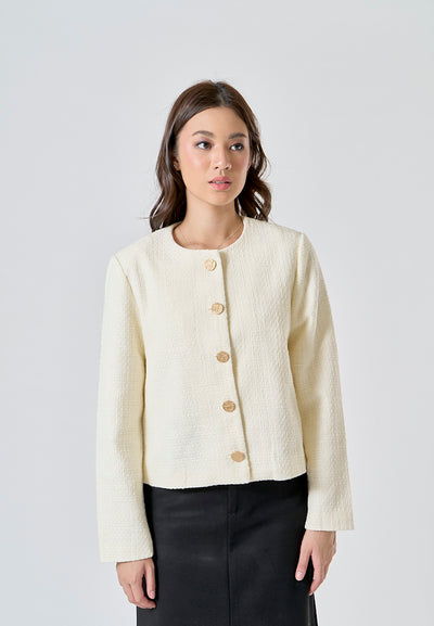 Viranda Beige Tweed Crew Neck Single Breasted Button Down Long Sleeve Blazer