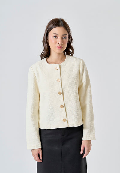 Viranda Beige Tweed Crew Neck Single Breasted Button Down Long Sleeve Blazer