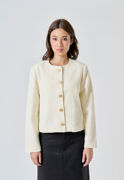 Viranda Beige Tweed Crew Neck Single Breasted Button Down Long Sleeve Blazer