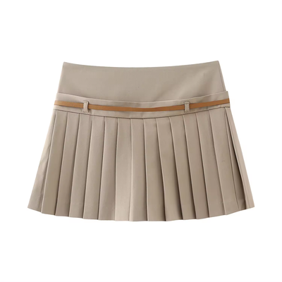 Zendy Khaki Sashes Pleated Mini Skirt