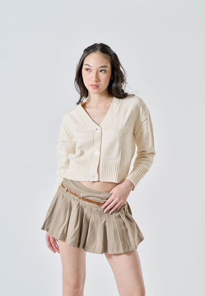 Zendy Khaki Sashes Pleated Mini Skirt