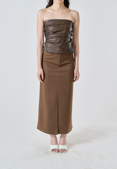 Anisette Almond Brown Zipper Fly Front Slit Casual Midi Skirt