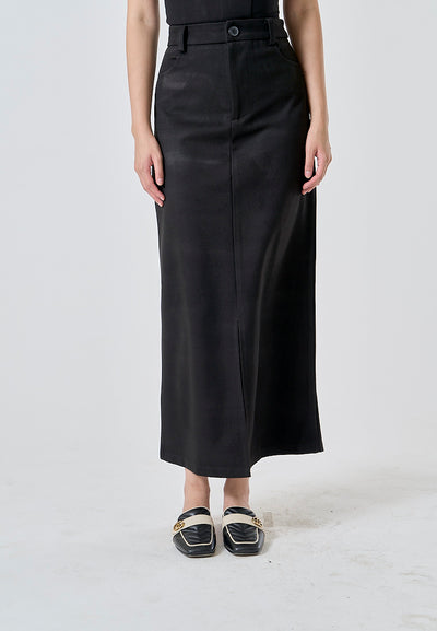 Anisette Black Zipper Fly Front Slit Casual Midi Skirt