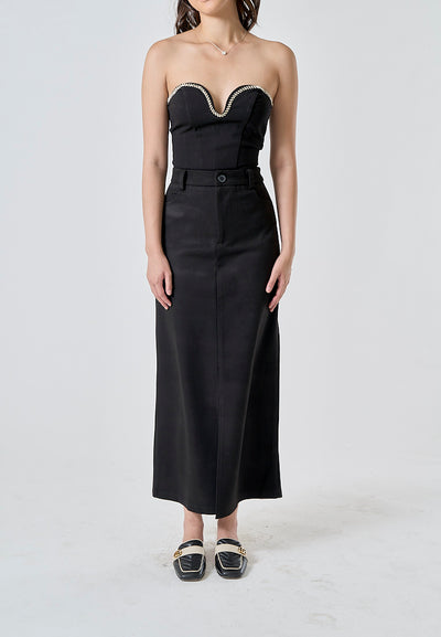 Anisette Black Zipper Fly Front Slit Casual Midi Skirt