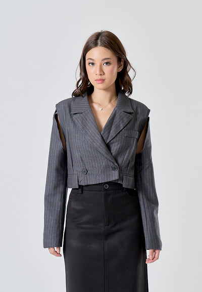 Vanze Gray Stripes Notched Collar Double Breasted Long Sleeves Cropped Blazer