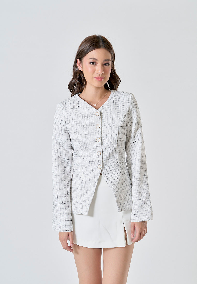 Quinevere White Tweed V Neck Single Breasted Button Down Long Sleeves Blazer