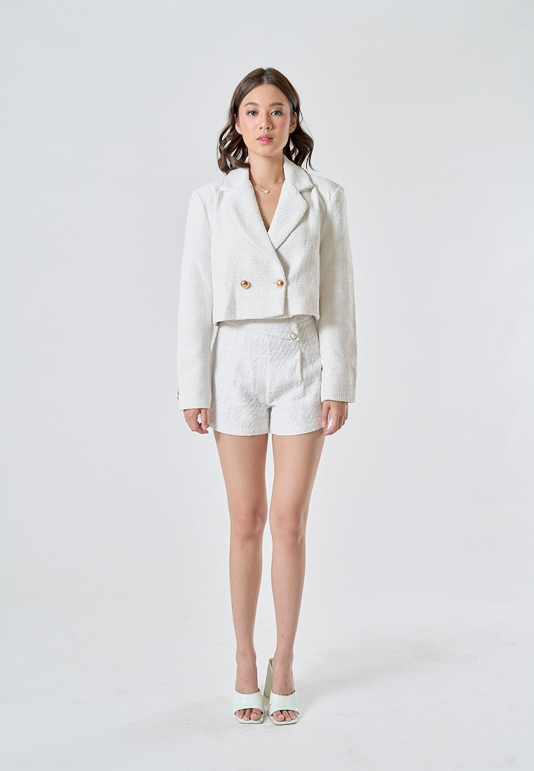 Ava White Tweed Notched Collar Double Breasted Long Sleeves Cropped Blazer