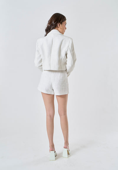 Ava White Tweed Notched Collar Double Breasted Long Sleeves Cropped Blazer