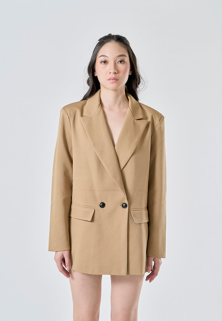 Livanna Khaki Peak Collar Double Breasted Long Sleeve Flap Pockets Casual Blazer