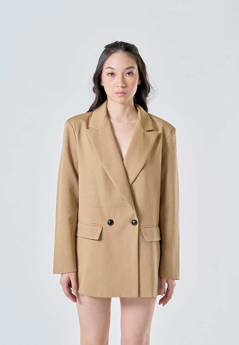 Livanna Khaki Peak Collar Double Breasted Long Sleeve Flap Pockets Casual Blazer