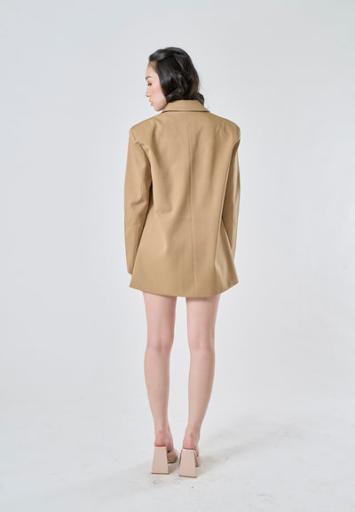 Livanna Khaki Peak Collar Double Breasted Long Sleeve Flap Pockets Casual Blazer