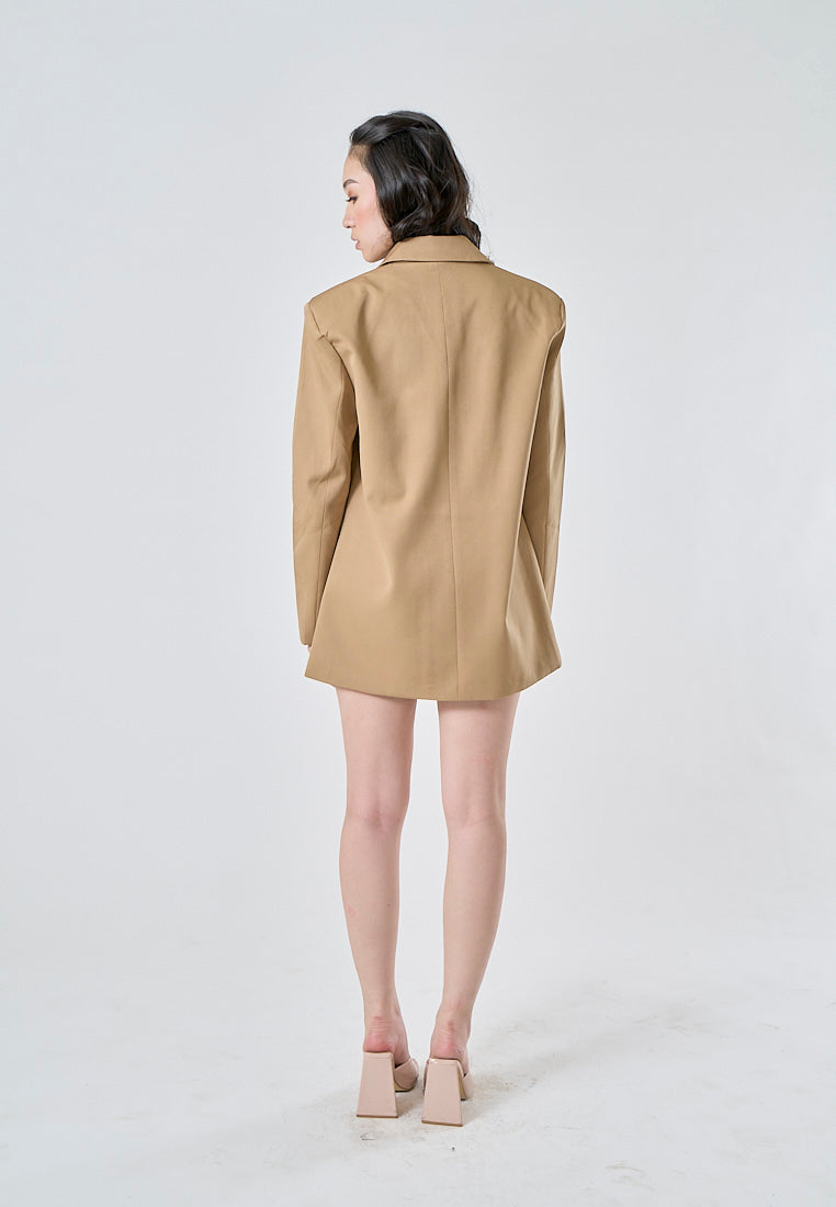 Livanna Khaki Peak Collar Double Breasted Long Sleeve Flap Pockets Casual Blazer