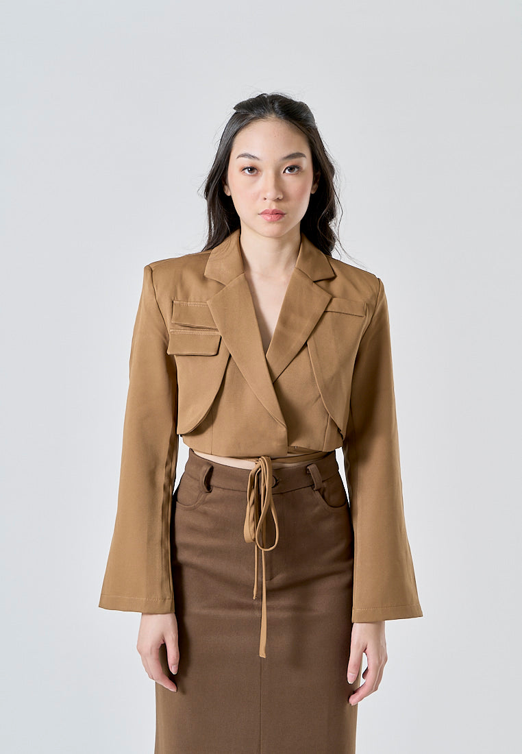 Faustine Caramel Brown Notched Collar Long Sleeve Flap Pockets Waist Wrap Tie Cropped Blazer