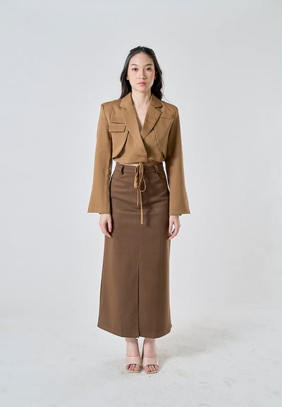 Faustine Caramel Brown Notched Collar Long Sleeve Flap Pockets Waist Wrap Tie Cropped Blazer