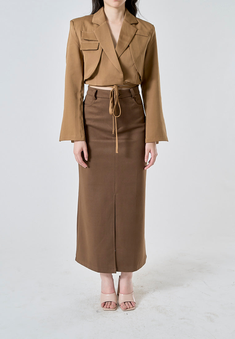 Faustine Caramel Brown Notched Collar Long Sleeve Flap Pockets Waist Wrap Tie Cropped Blazer