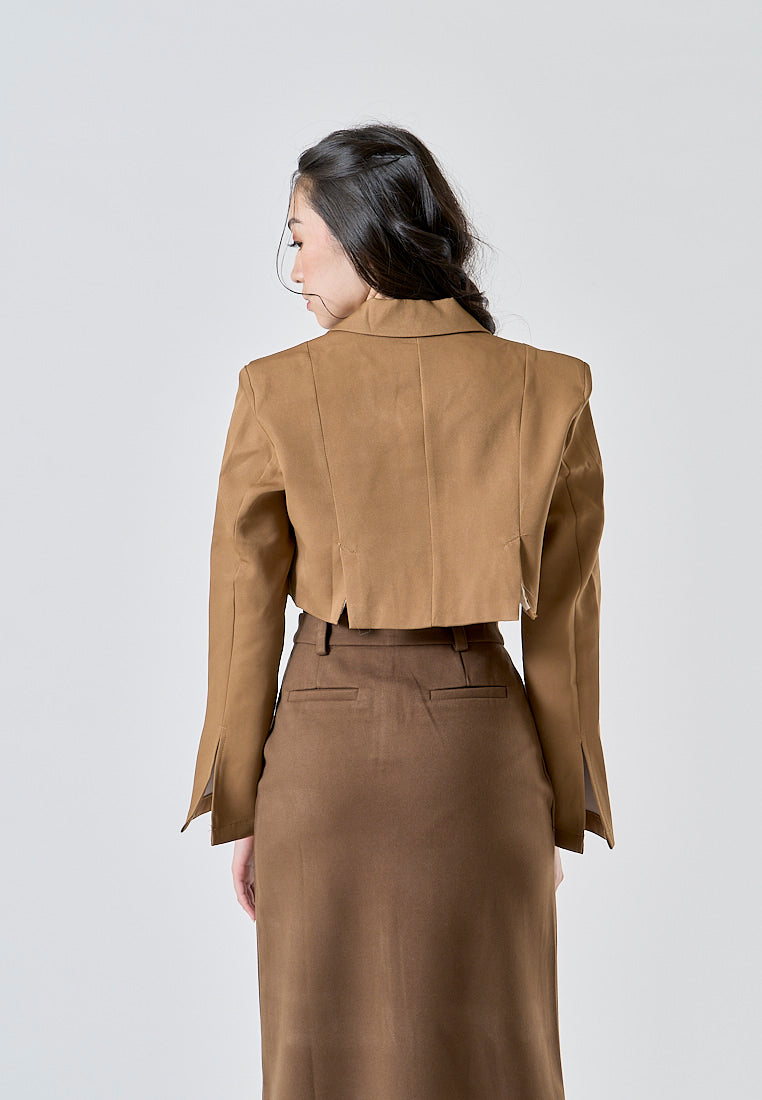 Faustine Caramel Brown Notched Collar Long Sleeve Flap Pockets Waist Wrap Tie Cropped Blazer