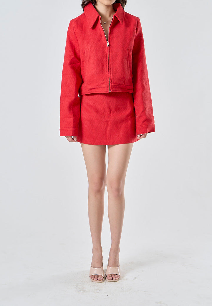 Zabine Red Tweed Turn Down Collar Zipper Closure Long Sleeves Blazer