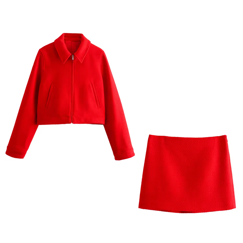 Zane Red Tweed Side Zipper Casual Mini Skirt