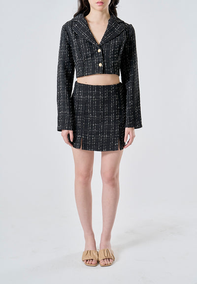 Astraea Black Tweed Notched Collar Long Sleeve Cropped Blazer and Side Zipper Casual Mini Skirt Set
