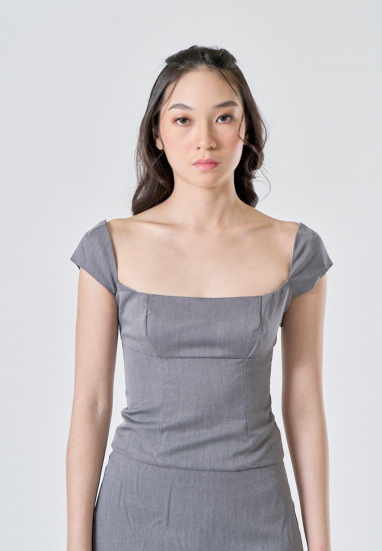 Lanisha Stone Gray Square Neck Cap Sleeves Lace Up Back Crop Top