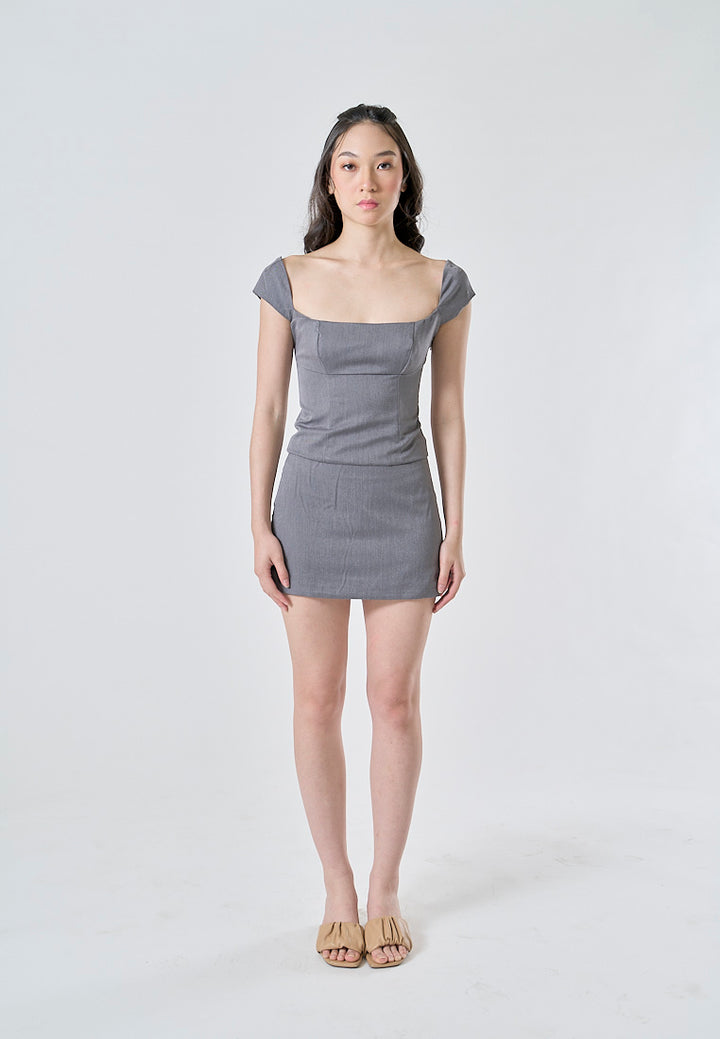Lanisha Stone Gray Square Neck Cap Sleeves Lace Up Back Crop Top