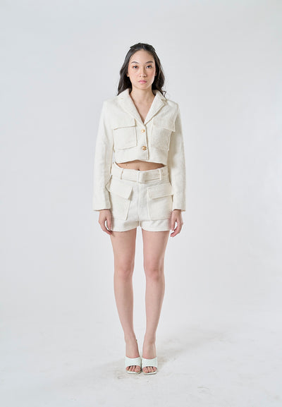 Svetlana Cream Notched Collar Single Breasted Long Sleeves Blazer and Front Pocket Casual Shorts with Belt Set