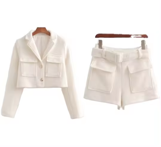 Svetlana Cream Notched Collar Single Breasted Long Sleeves Blazer and Front Pocket Casual Shorts with Belt Set