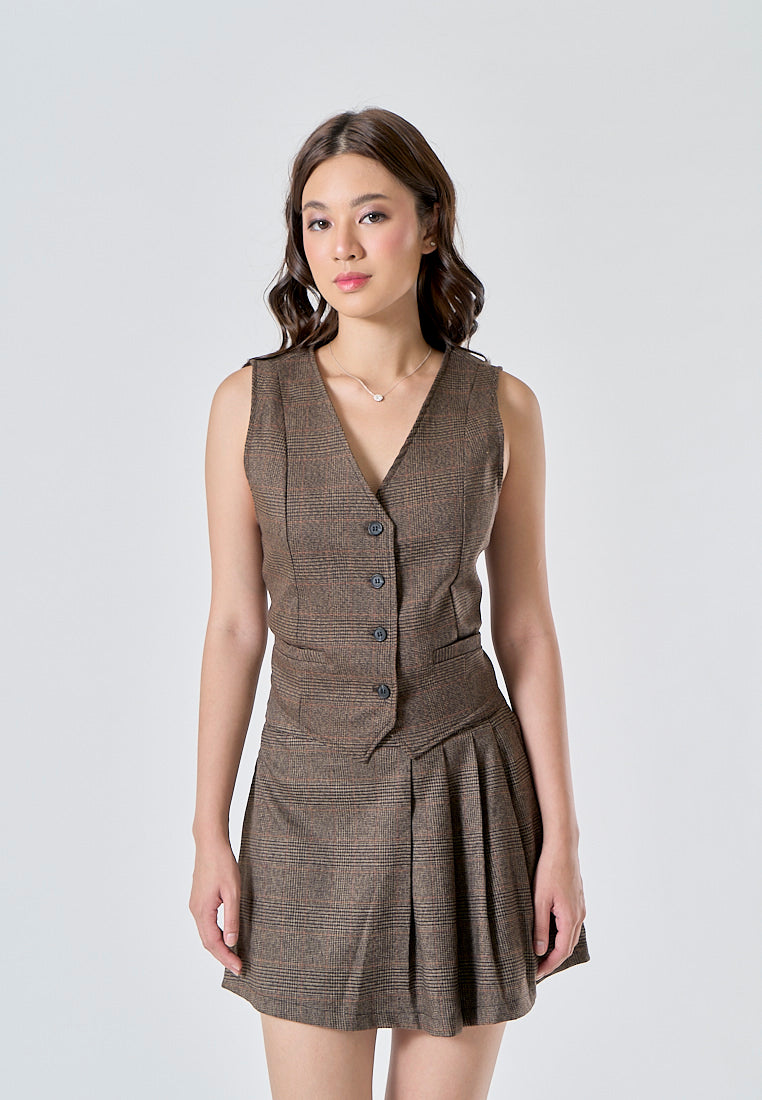 Euro Brown Plaid V Neck Single Breasted Casual Waistcoat Vest