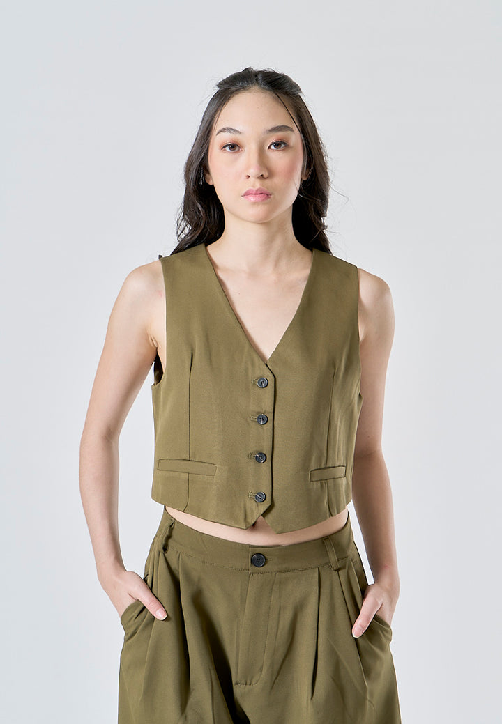 Zayne Olive Green Single Breasted V Neck Casual Waistcoat Vest