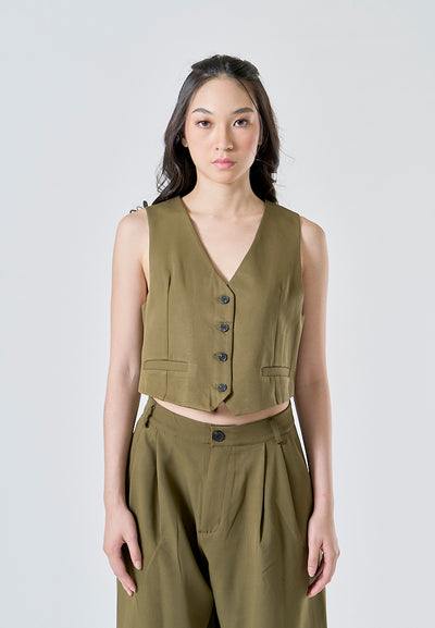 Zayne Olive Green Single Breasted V Neck Casual Waistcoat Vest