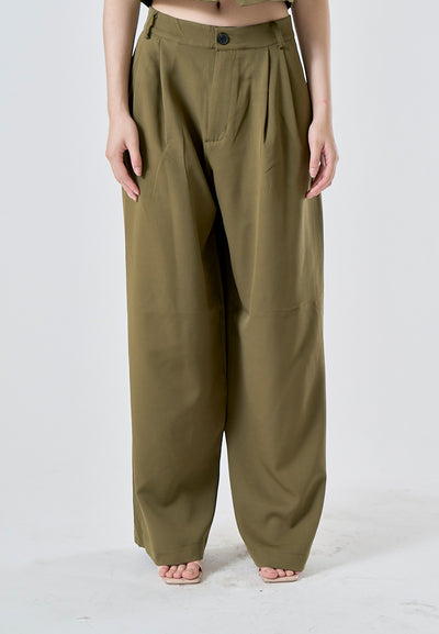 Zoona Olive Green Wide Leg Design Pleated Zipper Fly Casual Trouser