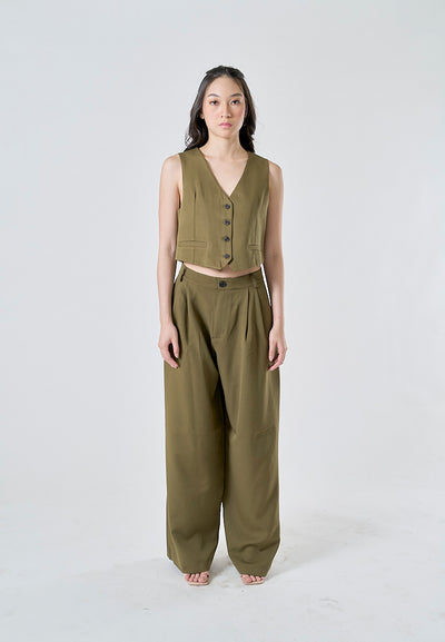 Zoona Olive Green Wide Leg Design Pleated Zipper Fly Casual Trouser