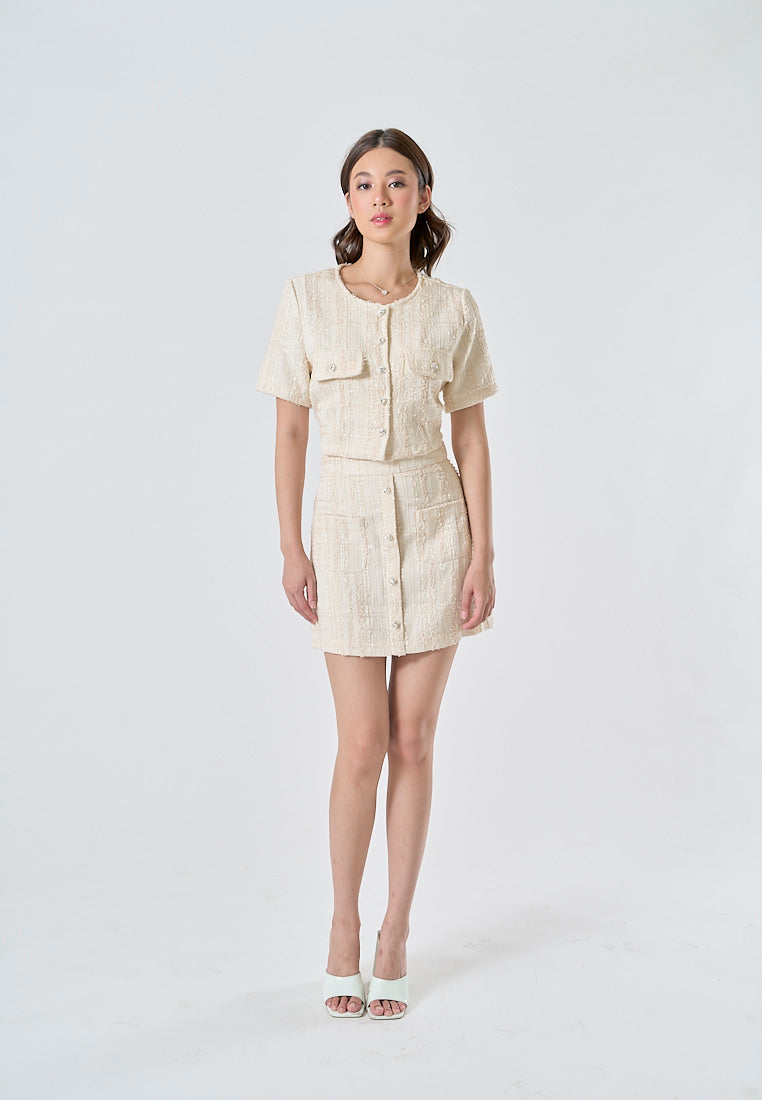 Chaska Beige Tweed Beige Crew Neck Short Sleeve Top and Front Pocket Casual Mini Skirt Set