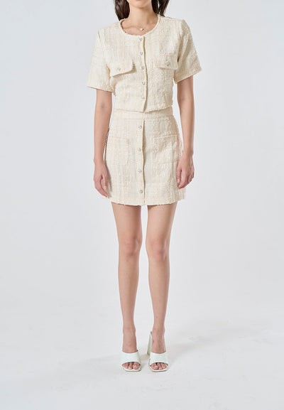 Chaska Beige Tweed Beige Crew Neck Short Sleeve Top and Front Pocket Casual Mini Skirt Set