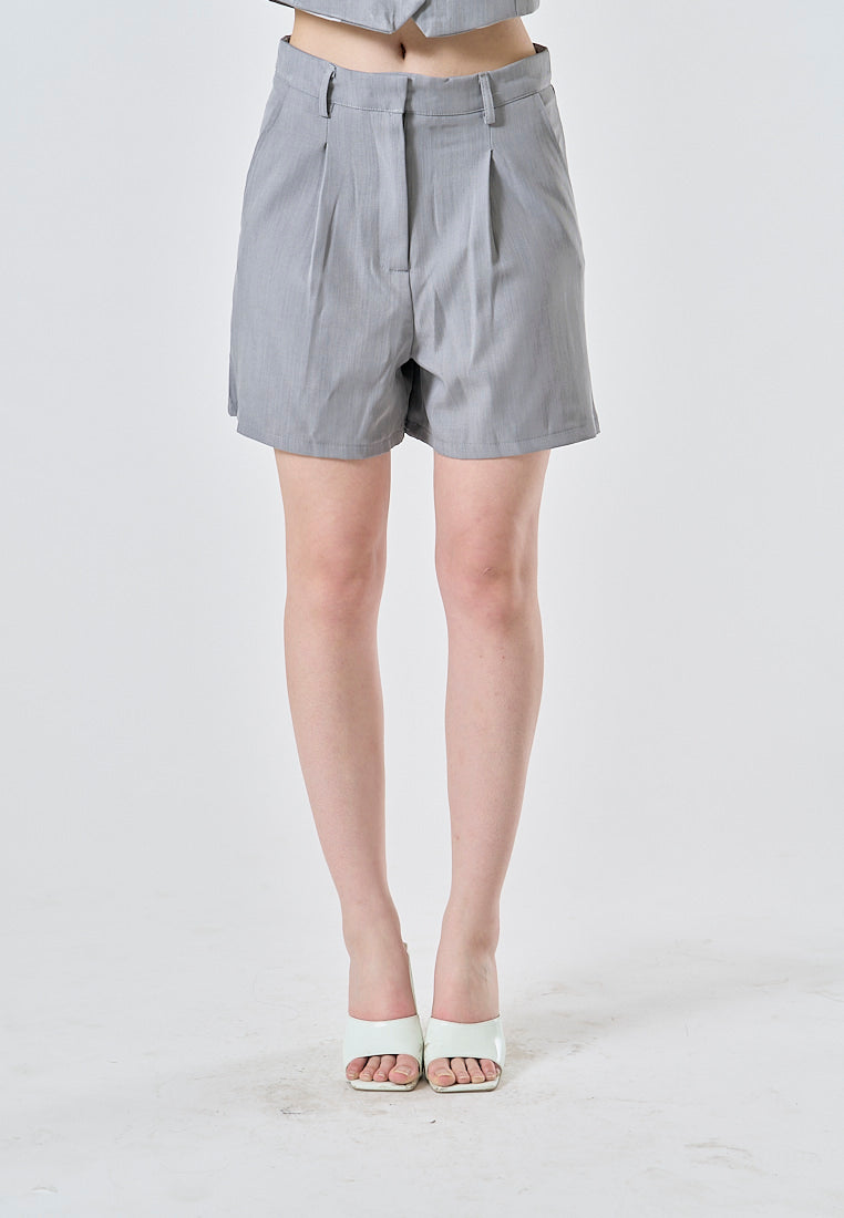 Sedan Gray Front Pleated Zipper Fly Casual Shorts