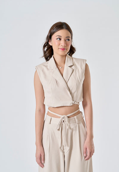 Capuccine Beige Notched Collar Crop Vest and Zipper Fly Full Length Trouser Set