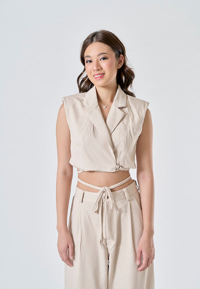 Capuccine Beige Notched Collar Crop Vest and Zipper Fly Full Length Trouser Set