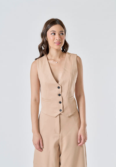 Femme Khaki V Neck Single Breasted Waistcoat Vest