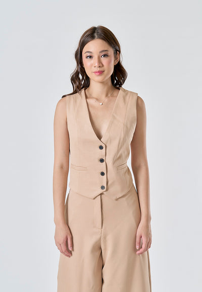 Femme Khaki V Neck Single Breasted Waistcoat Vest