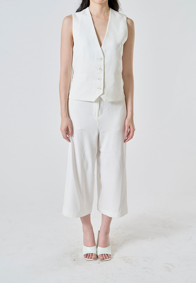 Francois White Zipper Fly Wide Leg Ankle-Length Trouser