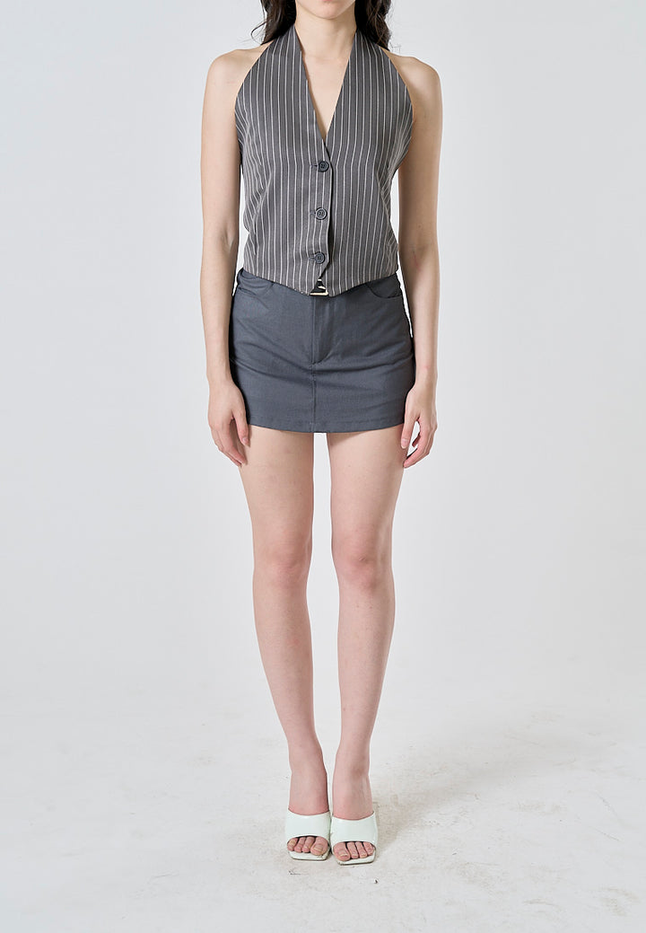 Xael Gray Stripes V Neck Halter Self Tie Button Sleeveless Top