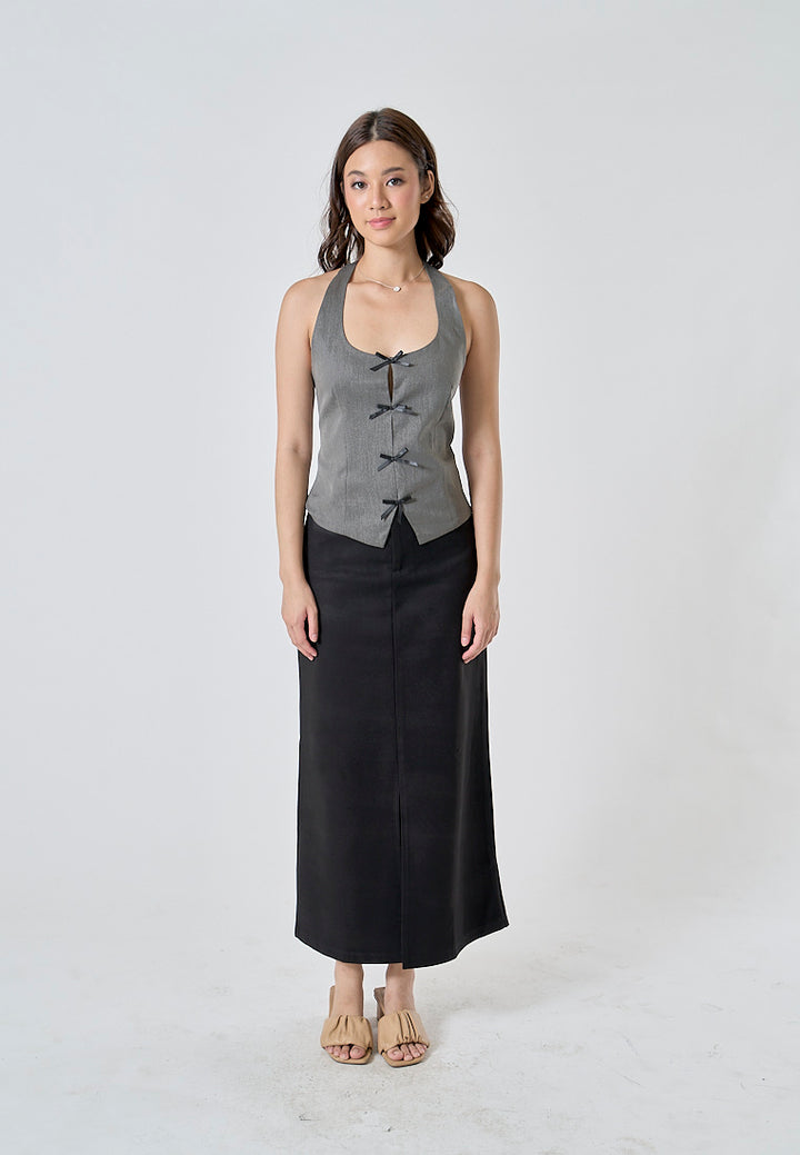Greeley Gray Front Lace Up and Slit Back Hollow Out Casual Halter Tank Top