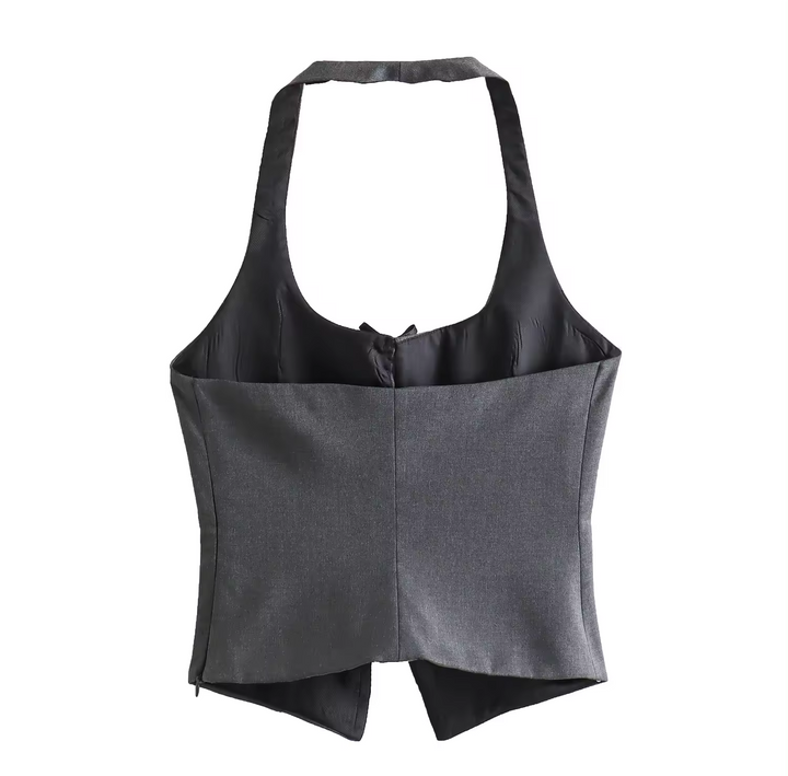 Greeley Gray Front Lace Up and Slit Back Hollow Out Casual Halter Tank Top