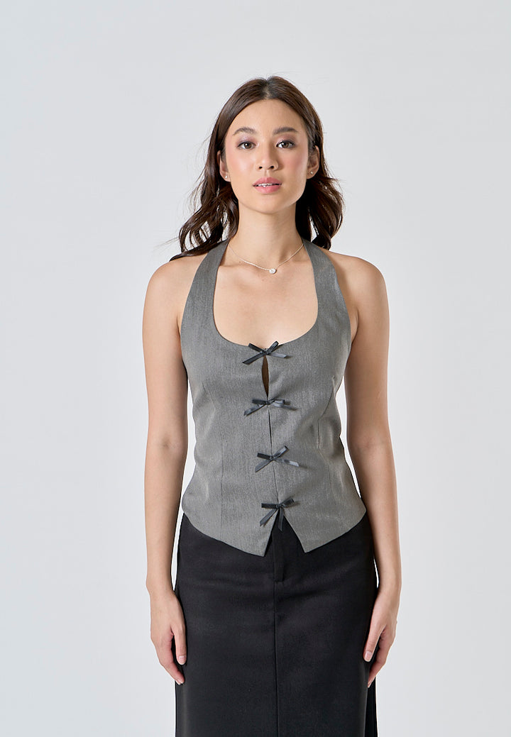Greeley Gray Front Lace Up and Slit Back Hollow Out Casual Halter Tank Top