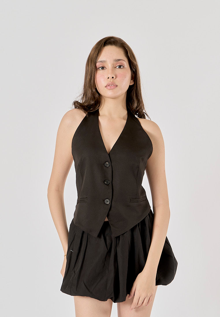 Xylina Black Back Hollow Out Buttons up Halter Vest