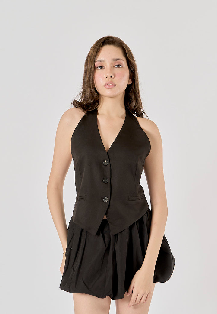 Xylina Black Back Hollow Out Buttons up Halter Vest