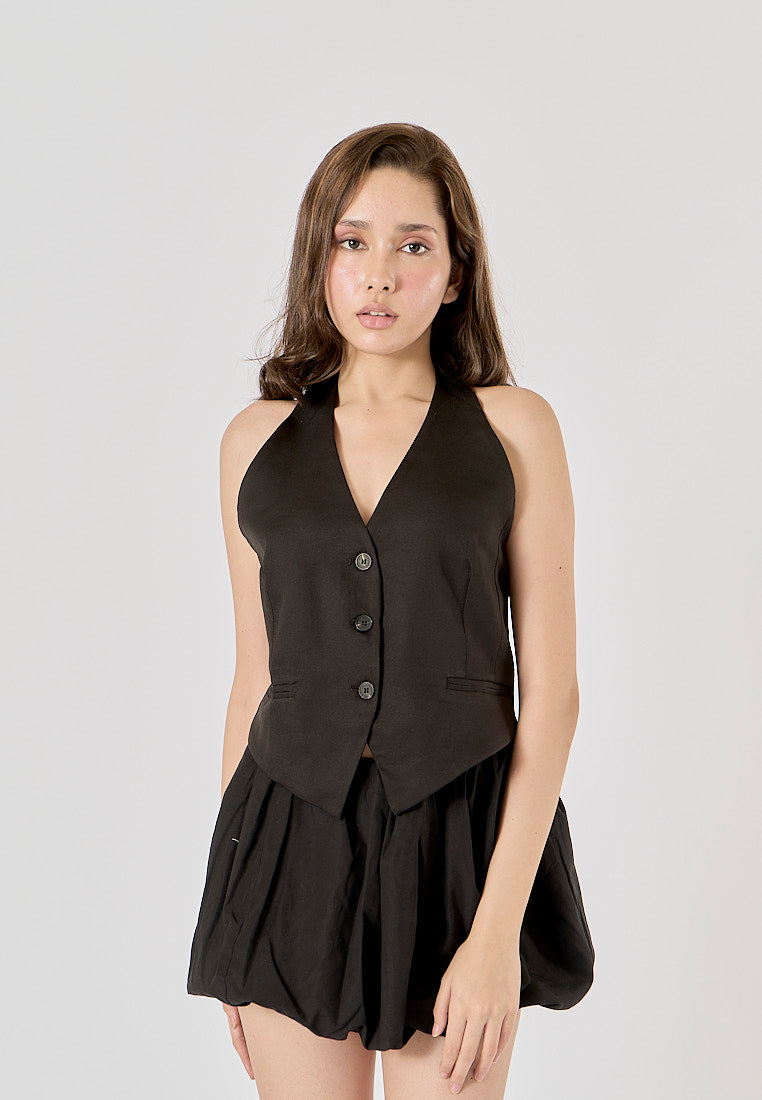 Xylina Black Back Hollow Out Buttons up Halter Vest