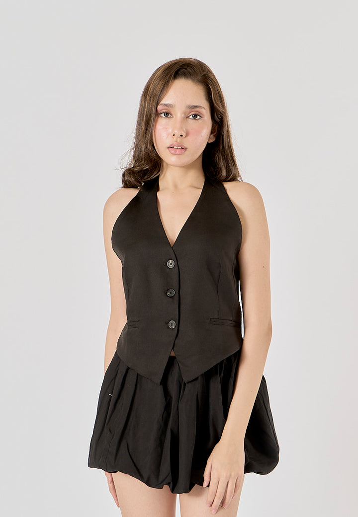 Xylina Black Back Hollow Out Buttons up Halter Vest