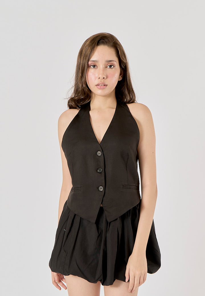 Xylina Black Back Hollow Out Buttons up Halter Vest